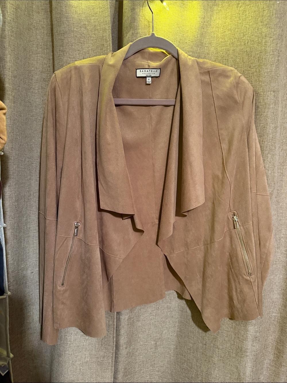 bagatelle taupe draped faux suede open-front jacket